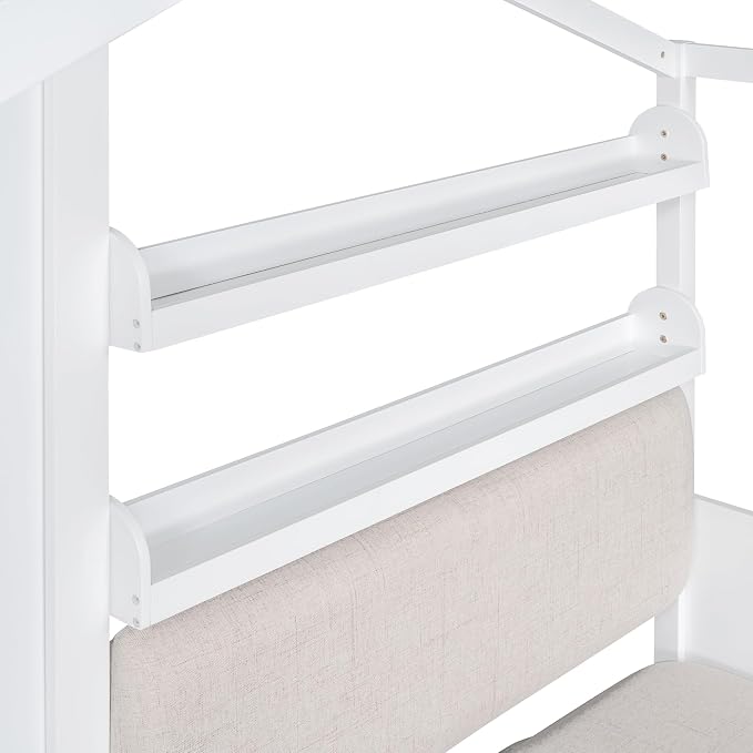 Merax Twin Size House Bed with Upholstered Sofa Seat, White L-Shape Wooden Platform Bed Frame with Two Drawers and Storage Shelf