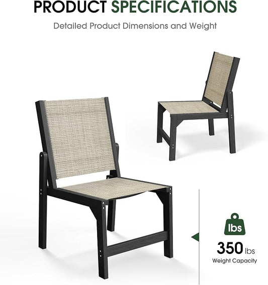 Patio Stackable Chair, HDPE Armless Outdoor Dining Chairs with Wide Seat, All-Weather Textilene Oversized Porch Chair for Garden, Poolside, Backyard, Deck | Black