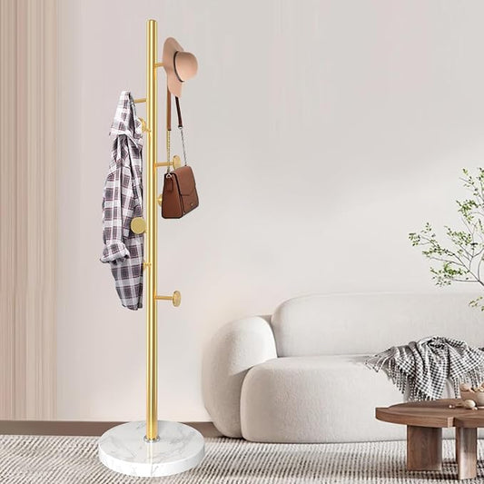 Modern Metal Coat Rack Stand, Coat Rack Freestanding with Natural Marble Base, Sturdy Heavy Duty Coat Racks with 8 Hooks, Golden Coat Hall Tree Stand for Entryway, Office
