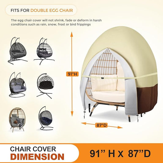 Outdoor Patio Hanging Egg Chair Cover Waterproof Double Egg Chair Cover for Outdoor Furniture Egg Swing Loveseat Cover 91 X 87 Inches, Beige