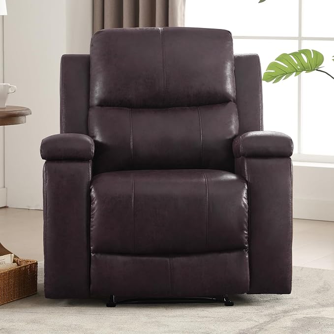 CANMOV Manual Recliner Chair, Classic Faux Leather Recliner Chair with Overstuffed Arms and Back, Manual Single Sofa with Concealed Cup Holders, Dark Brown