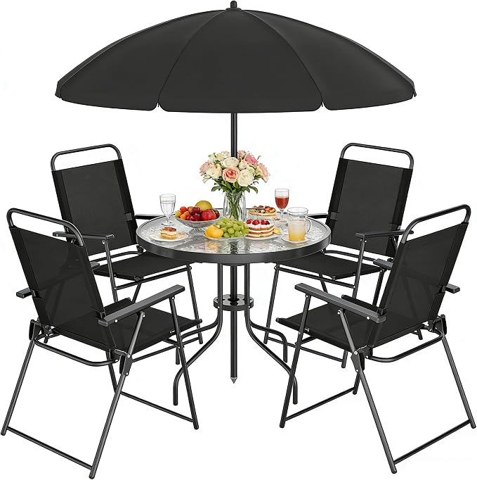 Shintenchi 6 Piece Outdoor Patio Furniture Set, Small Outdoor Patio Dining Table and Chairs Set, Outdoor Seating with Umbrella for Backyard, Balcony, Front Porch, Onyx
