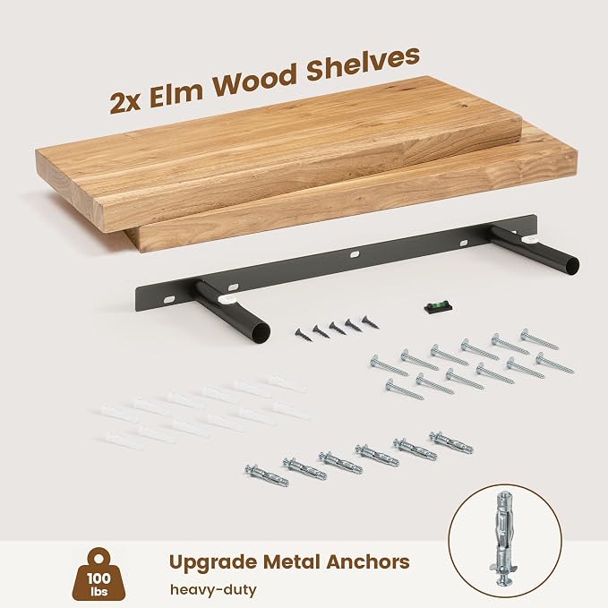 Floating Shelves for Wall Decor, 8" Deep Solid Elm Wood Floating Shelves Wall Mounted, Rustic Wall Shelves with Invisible Bracket for Living Room Bathroom Bedroom Kitchen, 24 Inch Set of 2, Natural