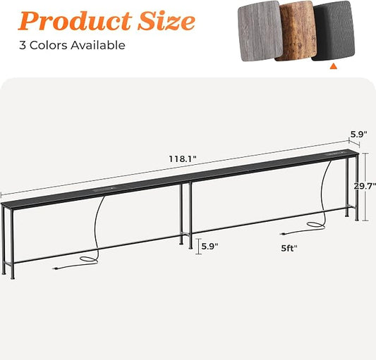 SUPERJARE 118.1 Inch Sofa Table with 2 Power Outlets and USB-C Port, 5.9 Inch Narrow Console Table with Storage, Extra-Long, for Entryway Hallway Couch Behind Sofa, Small Spaces, Black