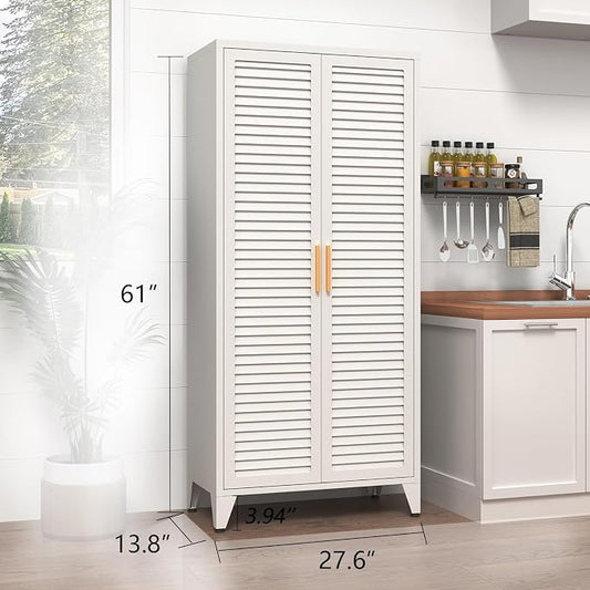 White Metal Storage Cabinet with Doors and 3 Adjustable Shelves 61"Tall Multifunctional Steel Heavy-duty Storage Locker for Kitchen Living Room Bedroom Home Office School 61"H X 27.6"W X 13.8"D