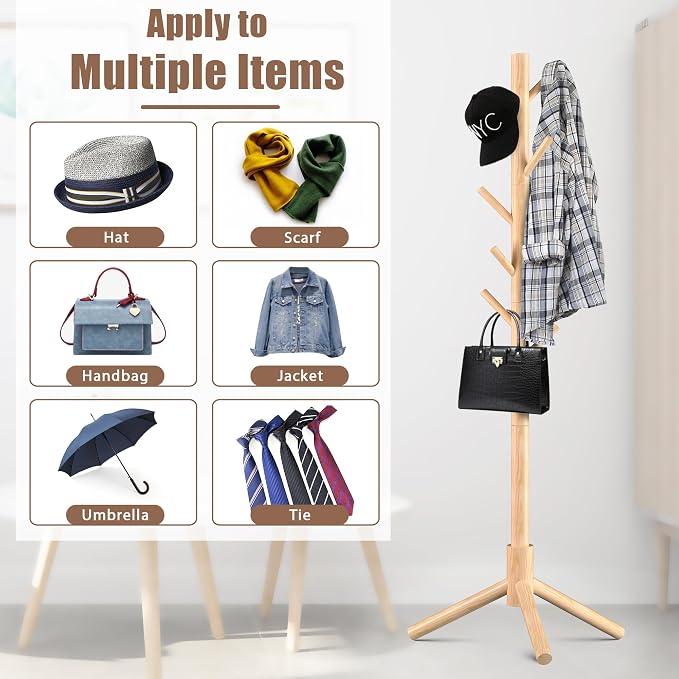 Haddockway Wooden Coat Rack Stand with 8 Hooks New Zealand Pine 3 Adjustable Coat Standing Tree Easy Assembly for Coats, Hats, Scarves and Handbags for Entryway, Hallway, Bedroom, Office