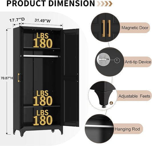 Metal Wardrobe Cabinets,Black Armoire Wardrobe Closet with Hanging Rod,Clothes Storage Cabinet with Adjustable Shelves and Doors,Clothing Cabinet for Bedroom, Office, Laundry Room