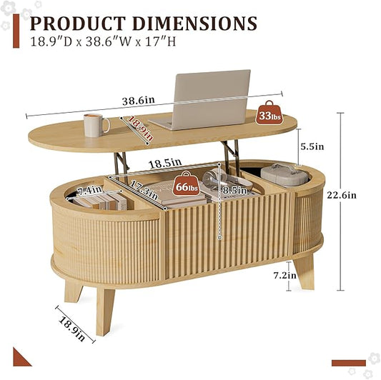 LYNCOHOME Fluted Lift Top Coffee Table with Storage,Modern Oval Coffee Table for Living Room Or Home Office(Natural)