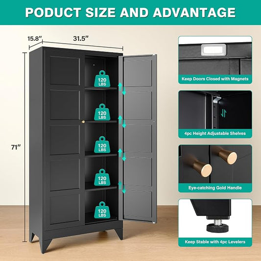 SISESOL Pantry Storages Cabinet with 2 Doors and 5 Shelves,Tall Storage Cabinet,Large Cupboard Closet,Metal Storage Cabinet for Home,Bathroom,Dining/Living Room (Black, 71" H)