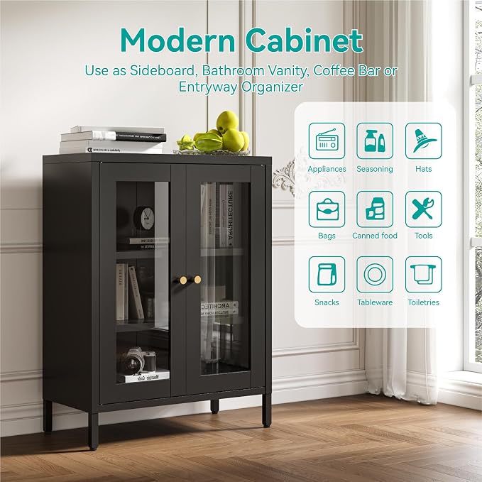 Small Metal Cabinet with Glass Doors,Display Storage Cabinet with 2 Adjustable Shelves for Bathroom Entryway Living Room Dining Room Kitchen,3-Tier,11.8" D x 23.6" W x 31.5" H, Black