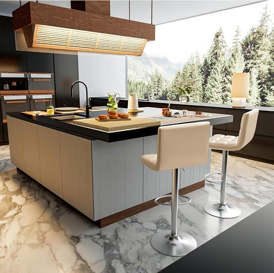 Homall Bar Stools Modern PU Leather Adjustable Swivel Barstools, Armless Hydraulic Kitchen Counter Bar Stool Extra Height Square Island Barstool with Back Set of 2 (Khaki)