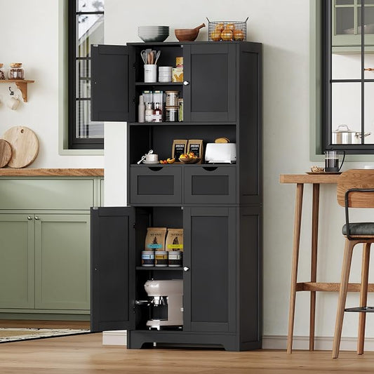 TEENFON 57.8" H Tall Storage Cabinet with 2 Drawers & 2 Adjustable Shelves, Floor Cabinet with 4 Doors, Tall Cabinet for Living Room, Dining Room, Entryway, Black