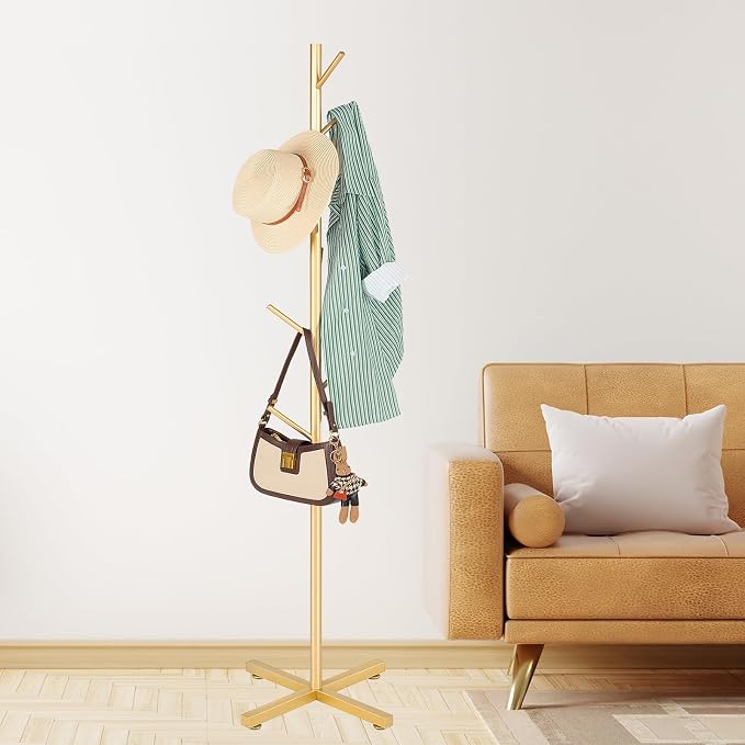 ZOZOE Metal Coat Rack Stand, Modern Coat Rack Freestanding with 8 Hooks, Coat Racks Easy to Assemble, Coat Tree Stand for Bags, Hats, Entryway, Office (Golden)