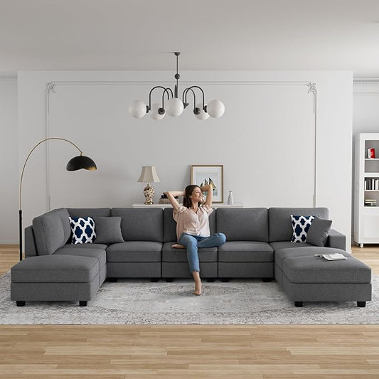 Legend Vansen Oversized Modular Sectional Sofa,U/L‑Shaped Reversible Couch with Ottoman,Deep Seat Plush Polyester Sofa for Living Room,9‑Seater,Dark Grey