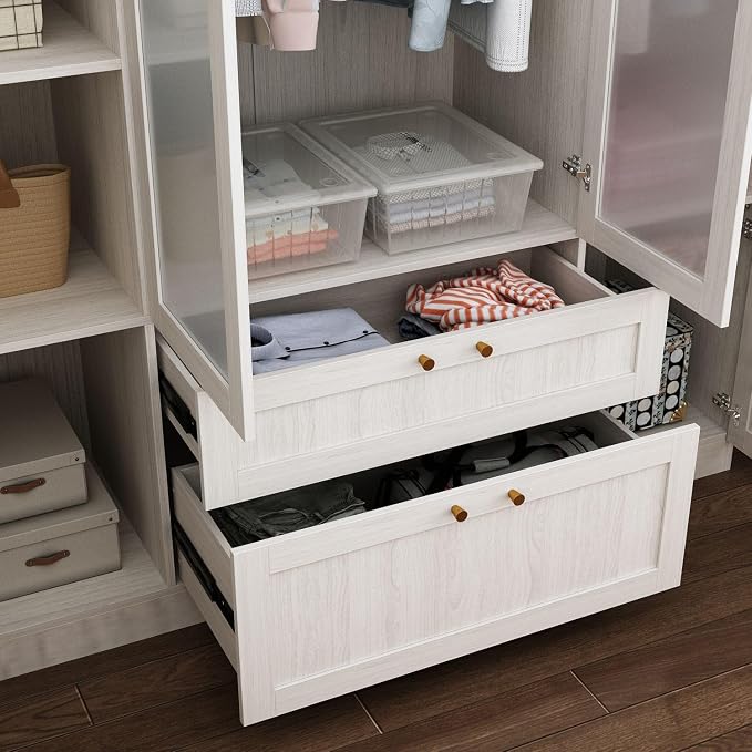 MOUMON Wide Modern Bedroom Armoires with Frosted Glass Doors and Hanging Rod, Tall Wardrobe with Drawers, Large Armoire Wardrobe Closet, Wood Grain 63" W x 19.7" D x 86.6" H