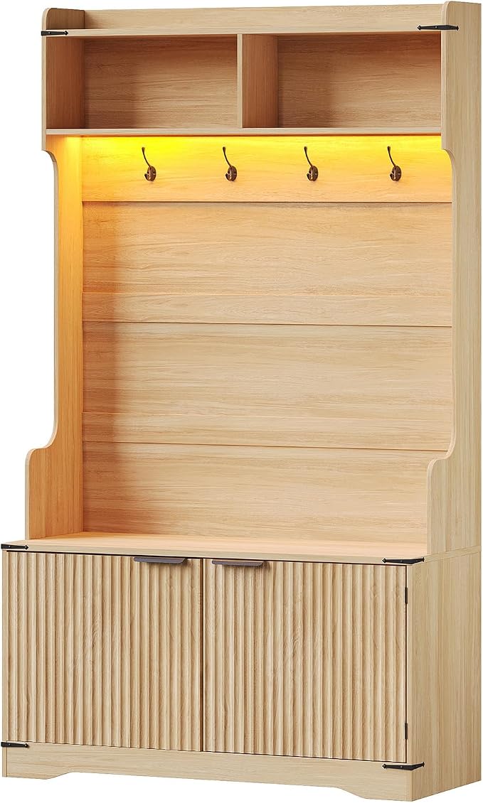 Maupvit 67" Tall Modern Boho Hall Tree with Bench and Shoe Storage, Entryway Fluted Hall Tree, Mudroom Bench with Flip Drawers, 4 Hooks, Adjustable LED Light for Garage, Living Room, Oak