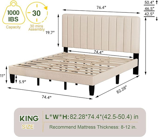 King Size Bed Frame with Headboard, Platform Bed with Soft Linen Upholstered Headboard | Wooden Slats Support | Adjustable Height | No Box Spring Needed, King Bed Frame Beige