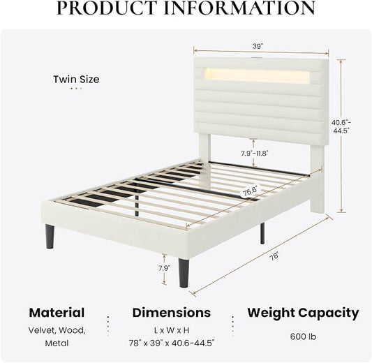 SHA CERLIN Twin Bed Frame with LED Light & 2-Tier Storage Shelf, Velvet Upholstered Adjustable Headboard with Charing Station, Horizontal Channel Tufted, No Box Spring Needed, Easy Assembly, White
