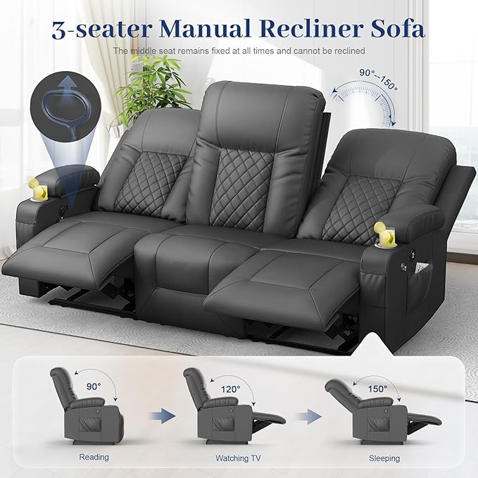YONISEE 3 Seat Recliner Sofa, Large Reclining Sofa with Storage Drawer, Manual Recliner Couch with USB Ports, 2 Cell Phone Holder, 3 Seater Loveseat Recliner Couch for Living Room