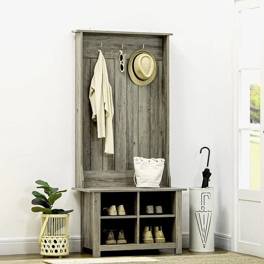 HOMCOM Hall Tree with Shoe Storage Bench, Entryway Bench with Coat Rack, Accent Coat Tree with Adjustable Shelves for Hallway, Living Room, Grey