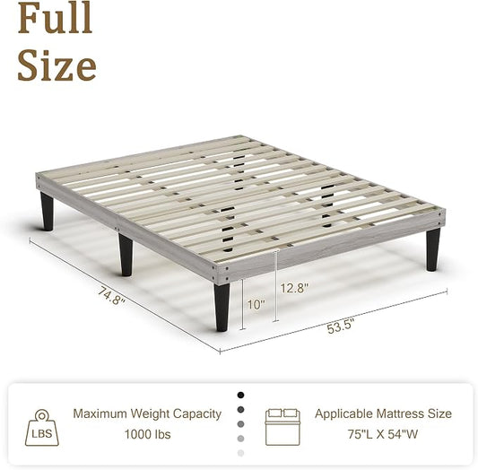 Yumori 12.9 Inch Minimalist Style Full Size Bed Frame, Wood Platform Bed with Wood Slat Support, No Box Spring Needed, Easy Assembly, Grey