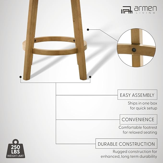 Armen Living Isla 26 in. Amber Glow Counter Height Rubberwood Swivel Barstool with Ivory Fabric Seat