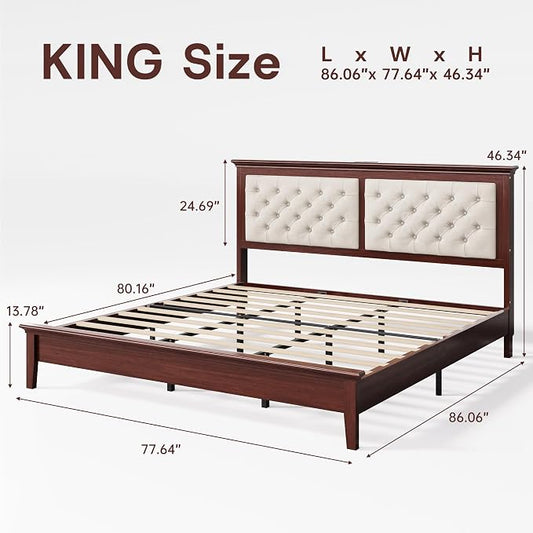 Lifezone Solid Wood King Bed Frame 46” Tall Diamond-Tufted Upholstered Headboard, American Classic Flat-Top Bed, Stable Structure, Wood Slats Support, Noise-Free, No Box Spring Needed,Reddish Brown