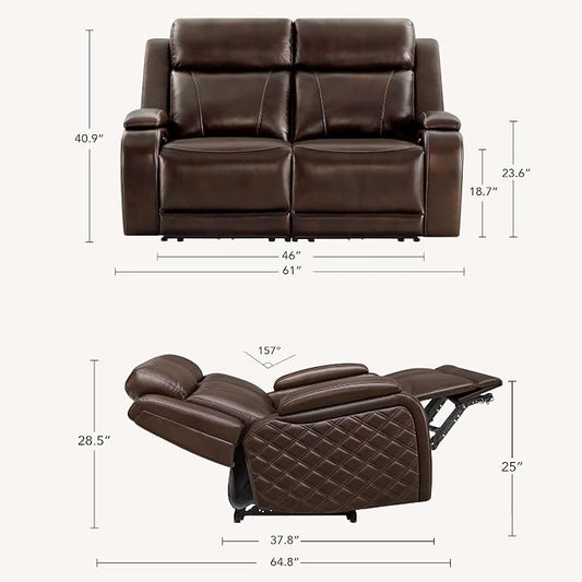 Watson & Whitely Genuine Leather Power Loveseat Recliner Sofa, Zero Gravity Reclining Loveseat with Power Headrest & Hidden Storage, Charging Ports, Dual Recliner Sofas for Living Room, Dark Brown