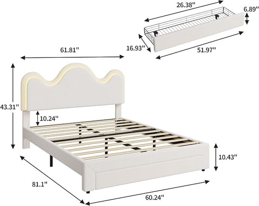 IDEALHOUSE Queen Bed Frame with LED Headboard and Under-Bed Drawer, Metal Upholstered Platform Bed with LED Light for Kids, Girls, Lamb Fleece Fabric, Wooden Slats Support, No Box Spring Needed, White