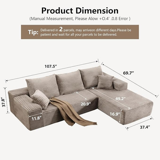 107.5" Cloud Sectional Couch with L-Shape Chaise, Modern Cloud Couch with Deep Seat, Modular Sectional Couches for Living Room, Apartment, Office, No Assembly Required