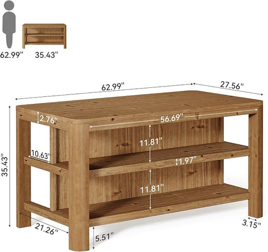 63-Inch Solid Wood Kitchen Island with Storage Shelves, Farmhouse Island Table with Seating, Counter Height Bar Table for Dining Room, Kitchen, Easy to Assemble, Natural Wood