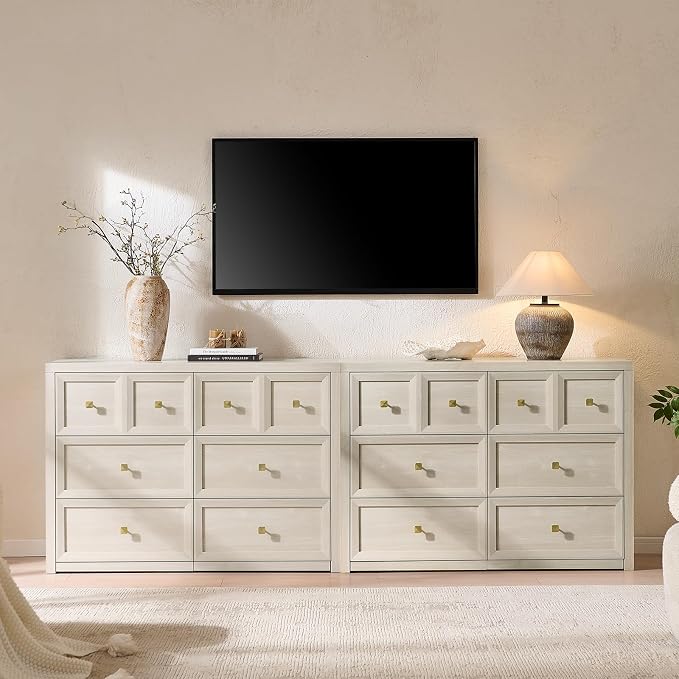 6 Drawers Dresser for Bedroom-46.5" Wide Wooden Chest of Drawers with Large Storage, Long Dresser TV Stand with Drawers, Farmhouse Closet Dressers for Living Room Bedroom, Grey White