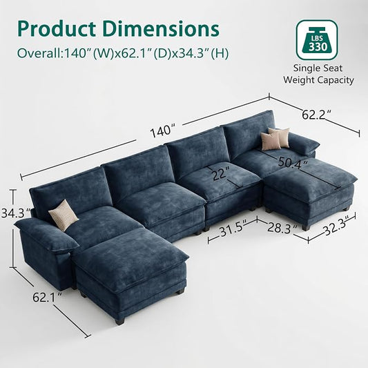 Modern U Shaped Sofa Couches for Living Room, Modular Sectional Cloud Couch with Movable Ottoman, Comfy Chenille Sofa for Apartment and Small Space, Blue