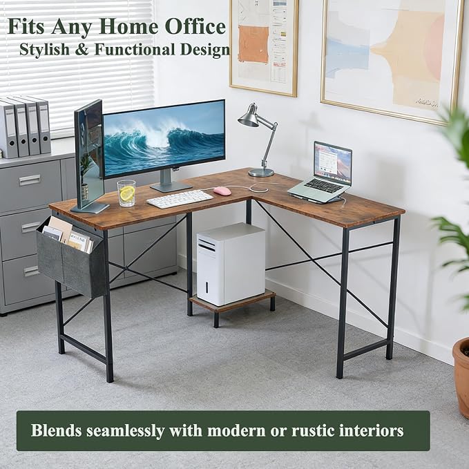 L-Shaped Corner Home Office Computer Desk, Gaming Desk with CPU Stand Shelf and Hanging Storage Pocket, Student Study Writing Table, Sturdy Metal Frame, 43.3" D x 50" W, Rustic Brown