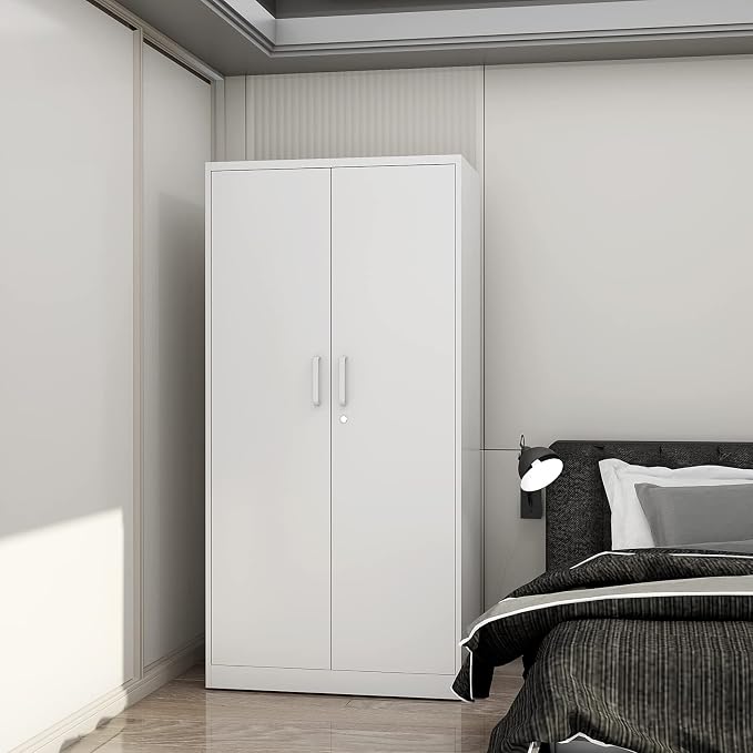 White Wardrobe Cabinet with Lock and Hanging Rod,72" Armoire Closet with Shelf,Lockable Storage Locker,Metal Storage Cabinet with Locking Doors,Steel Wardrobe for Home,Bedroom,Office,Employee,Shop