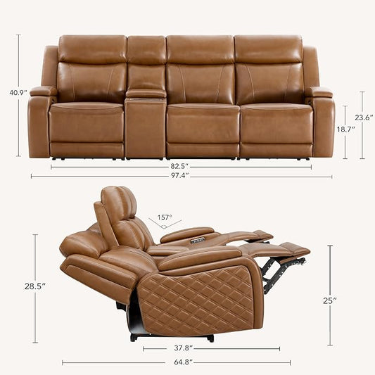 Watson & Whitely Genuine Leather Power Recliner Sofa with Console, 3 Seater Zero Gravity Reclining Sofa with Power Headrest & Flip Middle Backrest Table, Cup Holders for Living Room, Saddle Brown