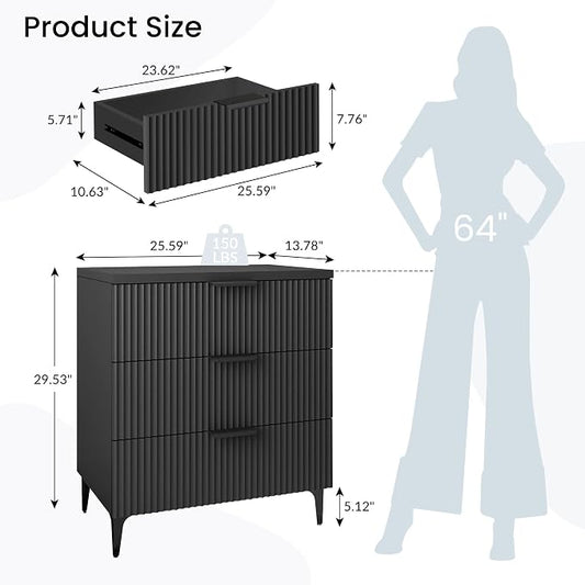 25.6" W Black Fluted Nightstand with 3 Drawer, Modern Wood Night Stands Bedside Table for Bedroom King/Queen Bed, End Table with Robot-Friendly Legs for Living Room,Entry