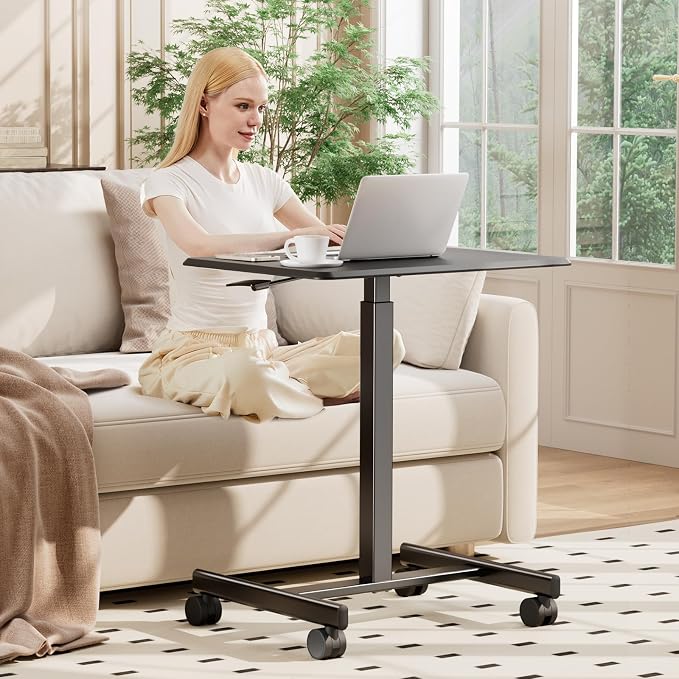 DUMOS Mobile Rolling Desk with Wheels Adjustable Height Small Standing Desks Portable Laptop PC Table Computer Workstation for Home Office Small Space Modern Black