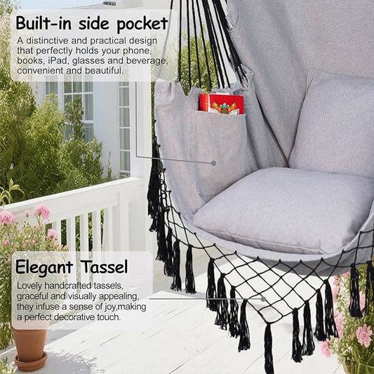 Hammock Chair Hanging Rope Swing Chair,Max 450 Lbs, Large Hanging Chair with Pocket, 2 Cushions, Removable Steel Bar, Hardware Kit Included, Superior Comfort for Indoor Outdoor (Light Grey)