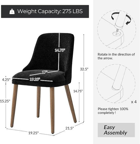 Upholstered Dining Chairs Set of 2, Fabric Dining Room Chairs with Curved Backrest, Solid Wood Legs, Modern Kitchen Chairs for Dining Room Living Room, Black