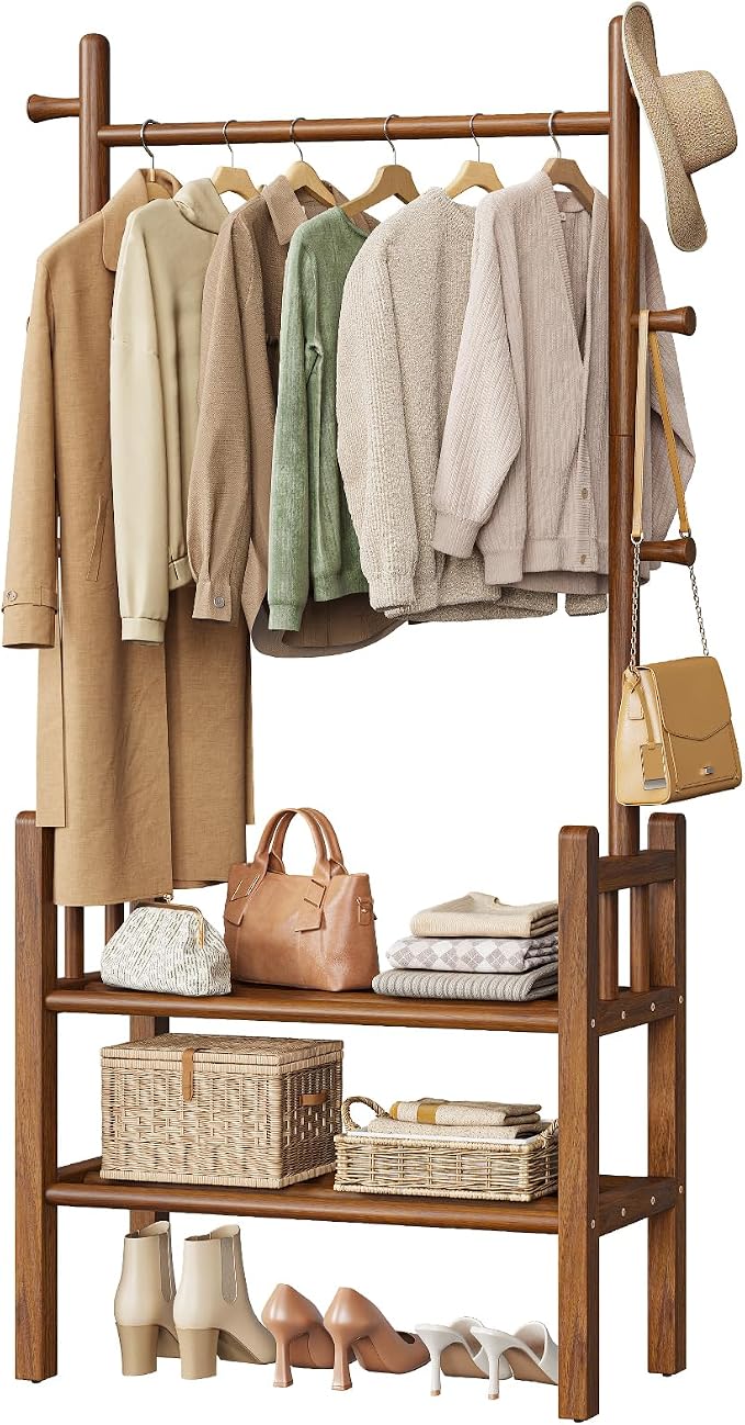 Yoobure Solid Wood Clothing Rack with Shelves - Coat Rack Freestanding with 6 Hooks, 3-in-1 Hall Tree for Hanging Clothes, Tall Garment Racks with Storage for Bedroom, Entryway, Living Room, Closet