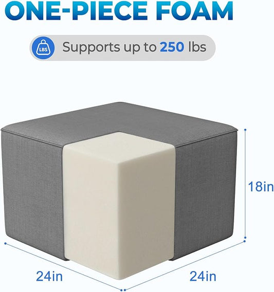 Living&Giving Square Outdoor Ottoman Pouf, 24 Inch Waterproof Patio Ottoman Foot Rest with Solid High-Density Foam, Comfy Boneless Footstool for Outside Couch & Seating, Dark Gray