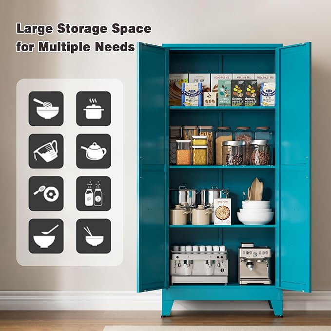 Metal Pantry Cabinet, 61" Tall Kitchen Storage Cabinet with 2 Doors and 3 Adjustable Shelves for Kitchen, Living Room, Dining Room, Bathroom and Home, Office (Blue, 1PC)