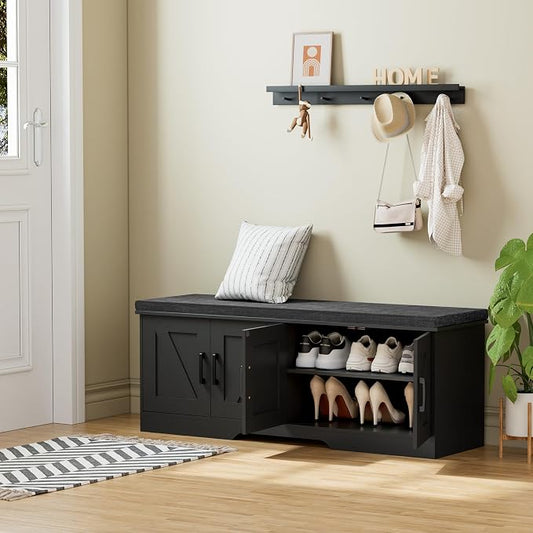 HOMSHO Farmhouse Shoe Storage Bench with 4 Barn Doors & Padded Seat Cushion | 47.2" Wide Entryway Bench with Adjustable Shelves & Hidden Storage, Black