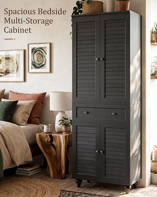 80" Tall Kitchen Pantry Cabinet, Farmhouse Storage Cabinets | Louvered Doors and Adjustable Shelves, Freestanding Storage, Dining Room, Living Room, Home Office, Bathroom, Black
