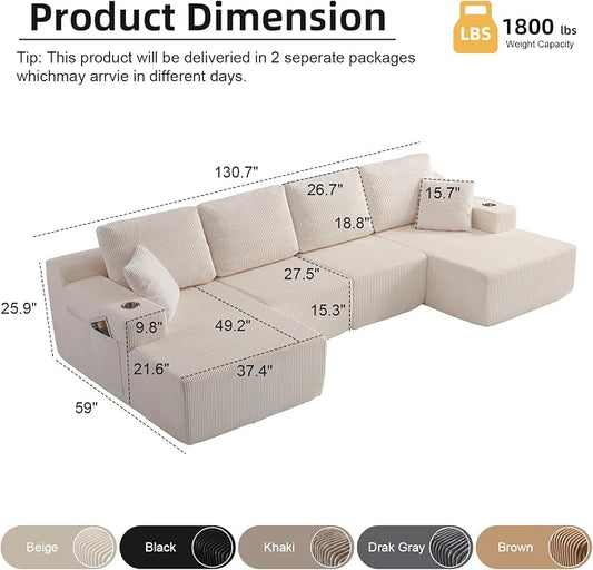 130" U-Shaped Modular Sectional Sofa with Chaise, Boneless Corduroy Flexible Module Seating for Living Room, Cloud Couch with Cup Holders and Side Pockets, No Assembly (Beige)