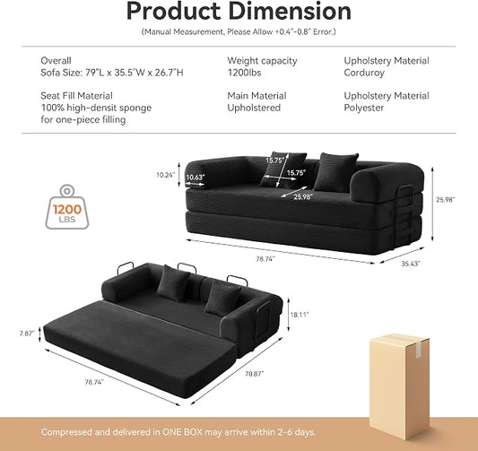 Convertible Sleeper Bed with 2 Cylindrical Pillow, Comfy Foldable Bed Compressed Sofa in Box, Floor Sofa Lounge Couch for Living Room Bedroom Lounge Studio, Tool-Free Assembly (Black)