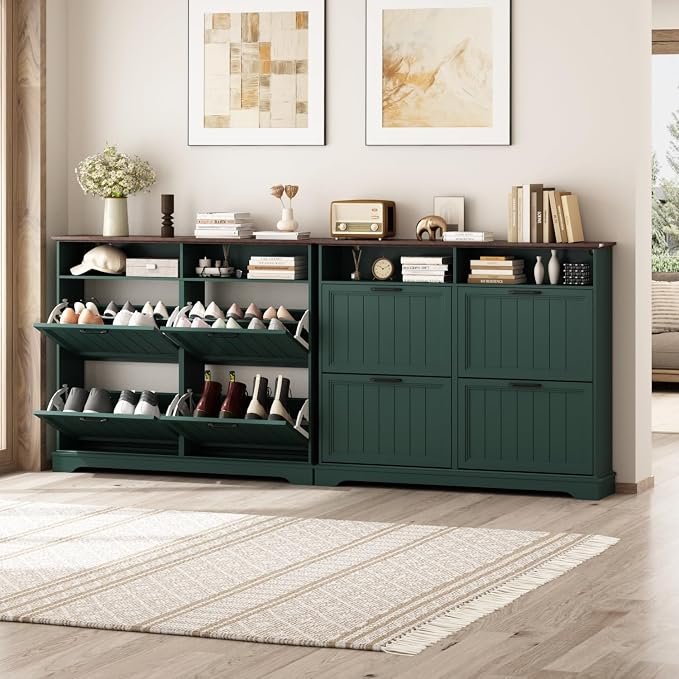 Shoe Storage Cabinet with 4 Flip Drawers, 47" W Farmhouse Modern Hidden Shoes Rack Cabinet with Adjustable Shelves & Open Storage, Narrow Slim Shoe Organizer for Front Door Entrance, Entryway, Green