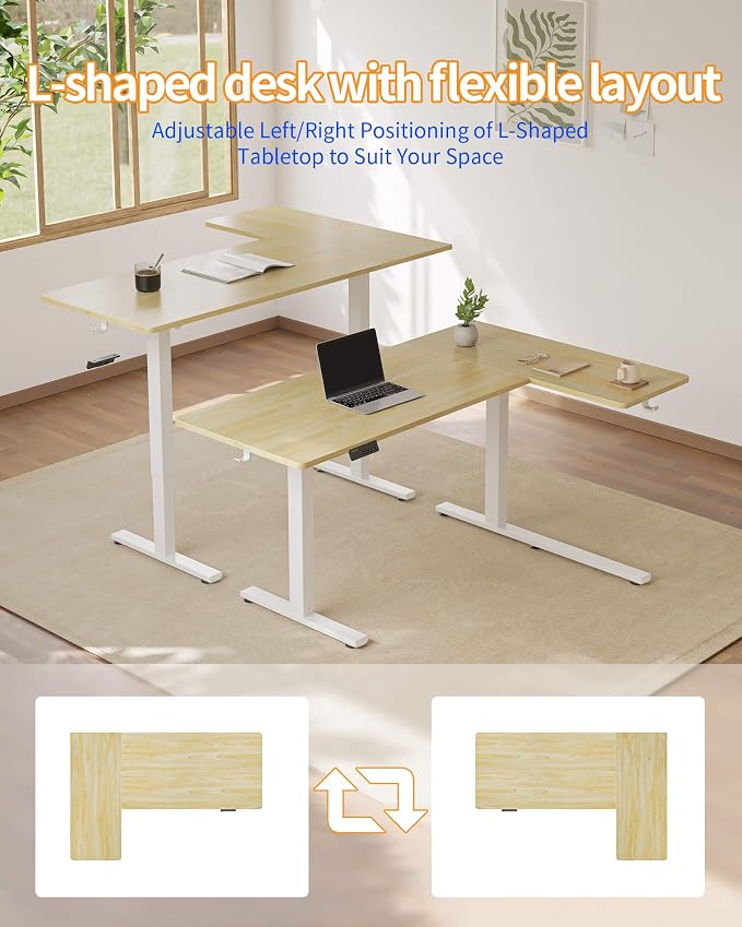 YIHAYO Reversiable L-Shaped Electric Standing Desk, 55 Inches Stand Up Corner Desk, Sit and Stand Up for Work Office Home, Ergonomic Rising Computer Table with Splice Board, Natural
