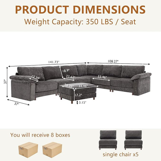Oversized L Shaped Sectional Couch for Living Room, Extra Large Deep Seat Modular Sectional Sofa with Washable Covers, Modern Cloud Couch for Apartment, Bedroom (Gray, Corner V Shape 7 Seat)